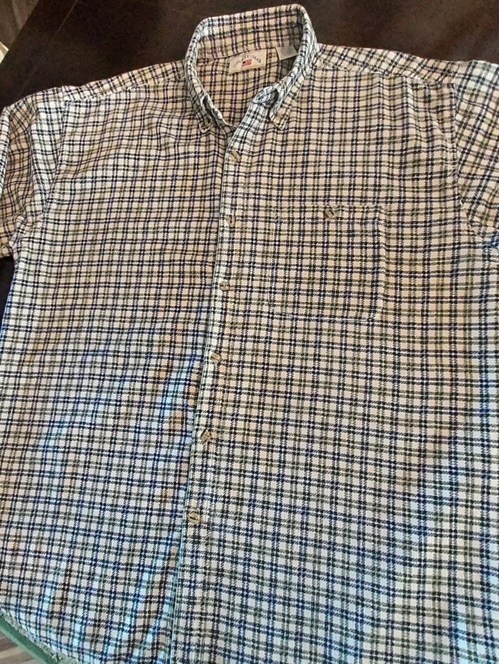 Men's Corduroy Button Down in a Rich Dark Navy/ Moss Green Plaid 100% Cotton. XL